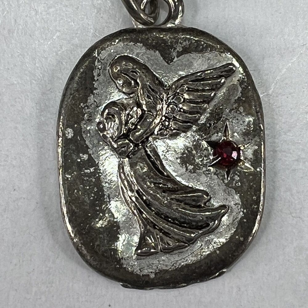 Vintage Silver Filigree Guardian Angel Keychain Religious Spiritual Red Stone 1"